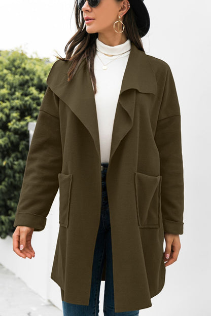 Waterfall Collar Brushed Longline Coat with Pockets