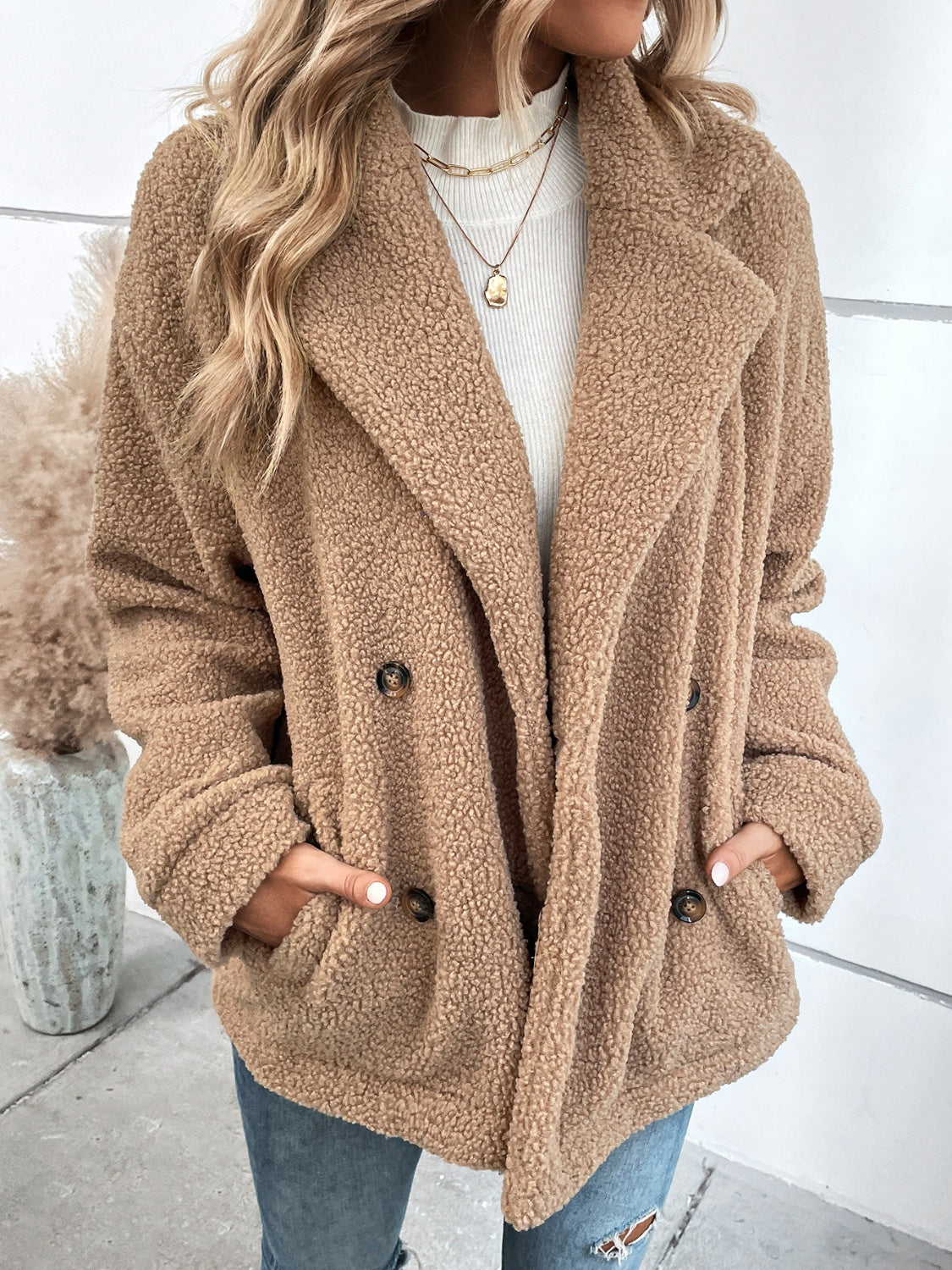 Double-Breasted Lapel Collar Long Sleeve Coat - Shimmervee