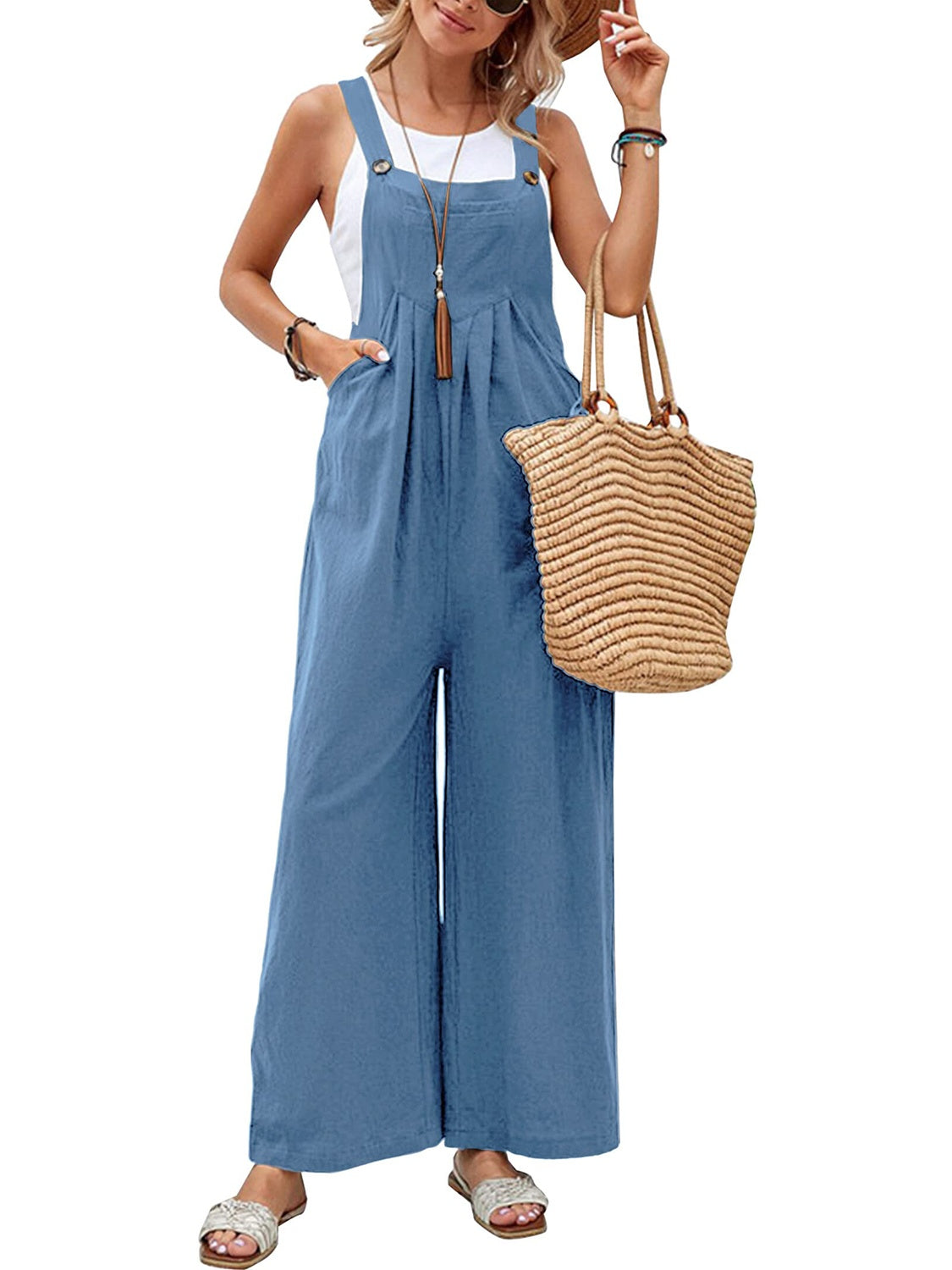 Full Size Square Neck Wide Strap Overalls - Shimmervee