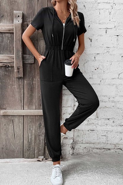 Perfee Zip-Up Short Sleeve Hooded Jumpsuit with Pockets