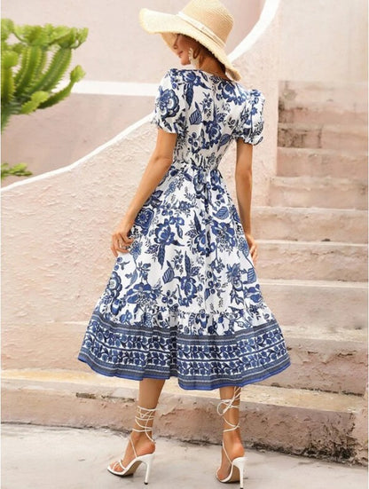 Women Short Sleeve V Neck Floral Maxi Dress - Shimmervee