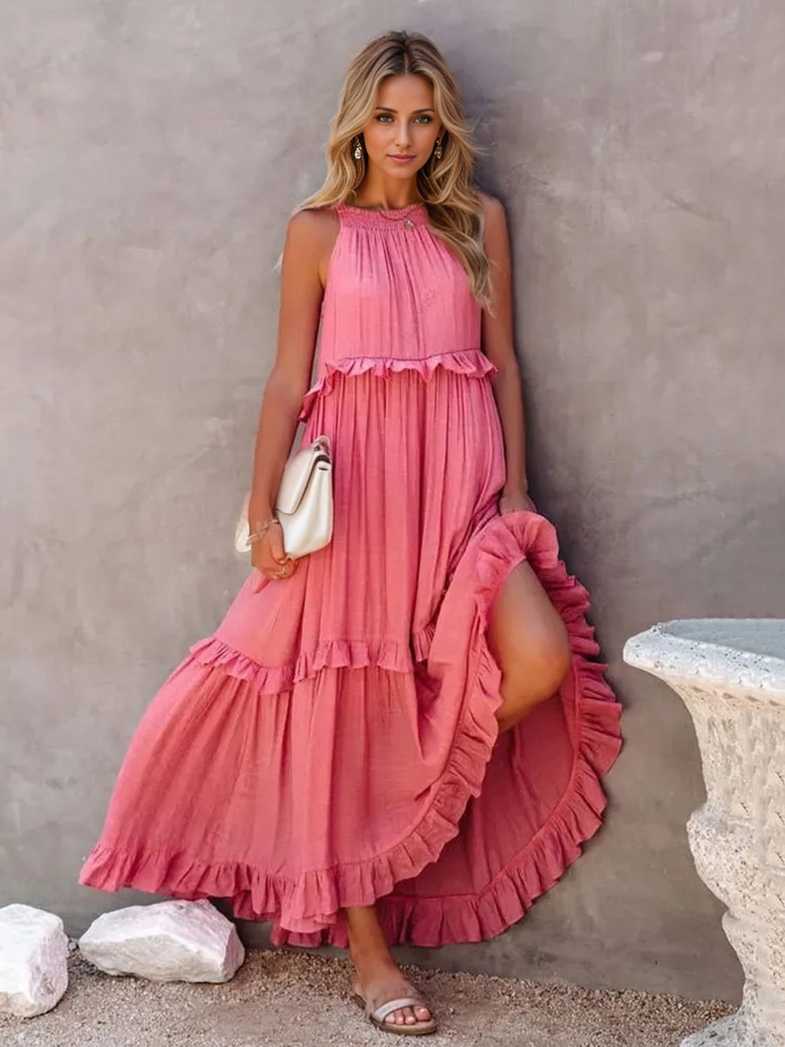 Ruffled Sleeveless Tiered Maxi Dress with Pockets - Shimmervee