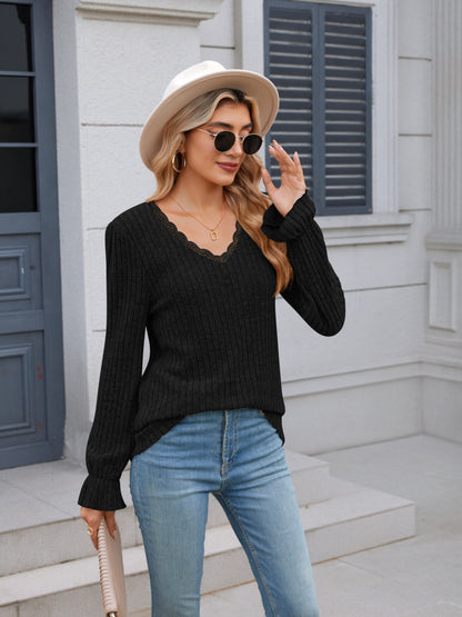 Lace Detail V-Neck Long Sleeve T-Shirt