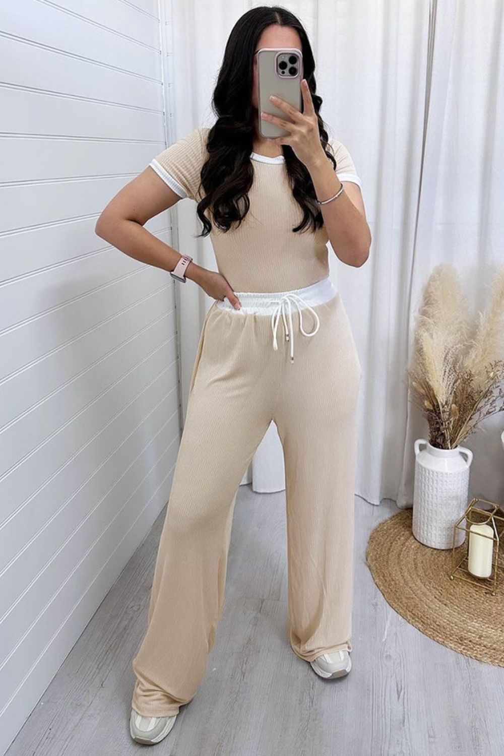 Contrast Trim Round Neck Top and Pants Set - Shimmervee