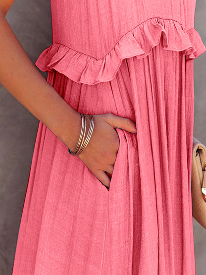 Ruffled Sleeveless Tiered Maxi Dress with Pockets - Shimmervee