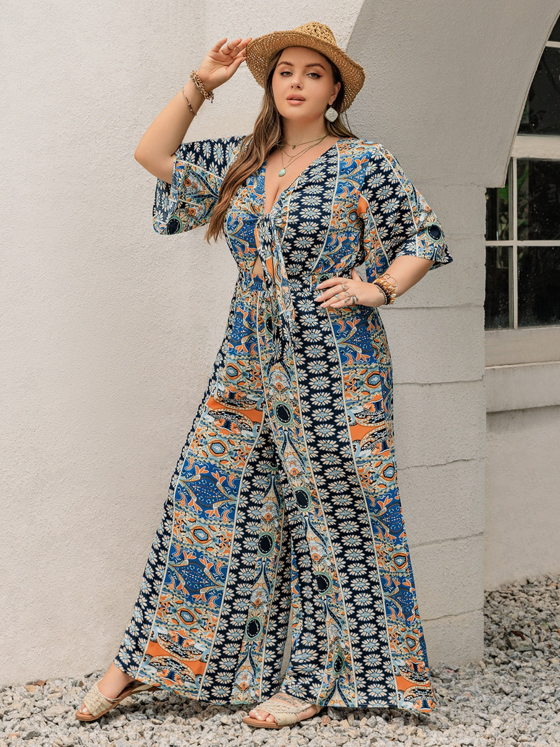 Plus Size Printed Half Sleeve Wide Leg Jumpsuit - Shimmervee