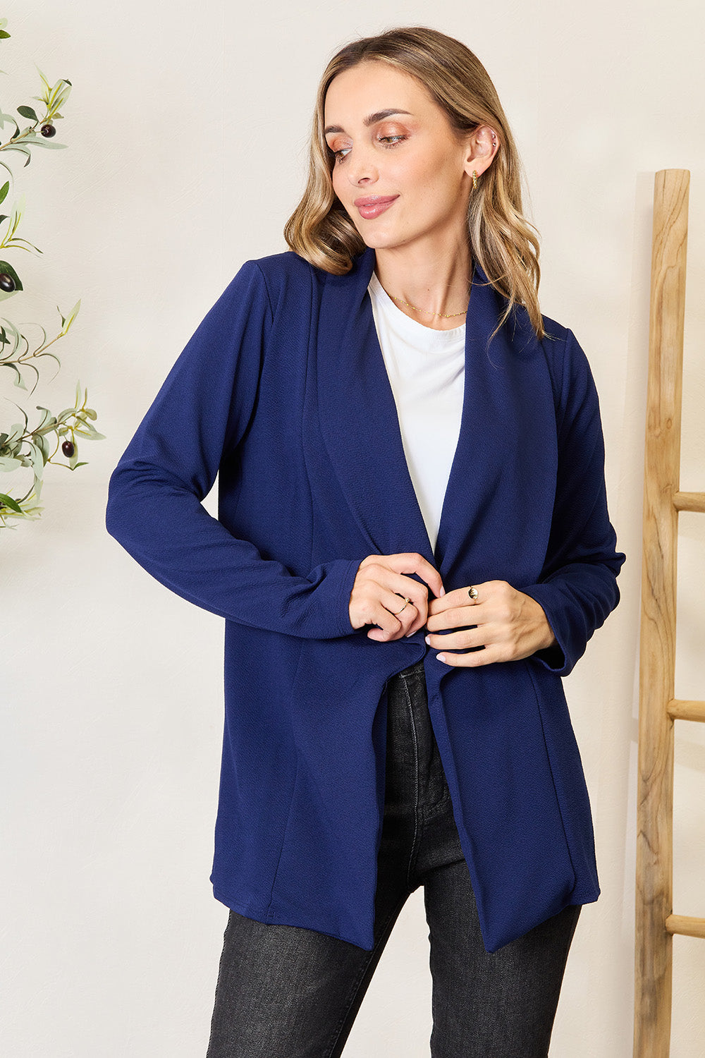 Heimish Full Size Statement Neck Open Front Blazer - Shimmervee