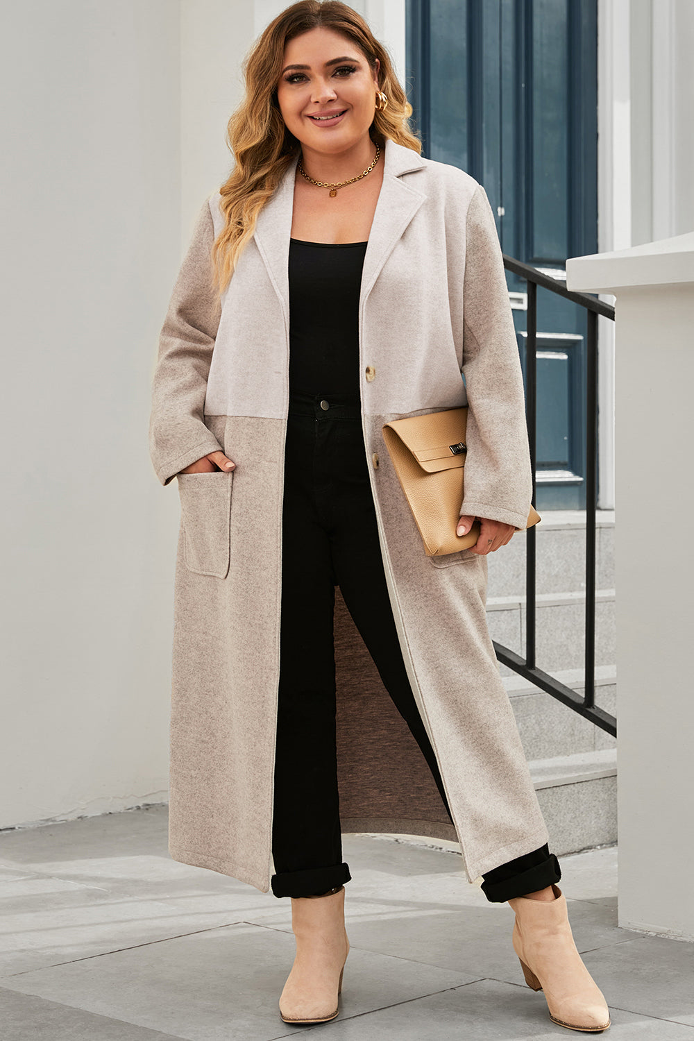 Plus Size Collared Neck Buttoned Longline Coat - Shimmervee