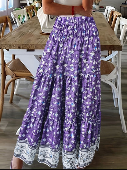 Full Size Tiered Printed Elastic Waist Skirt - Shimmervee