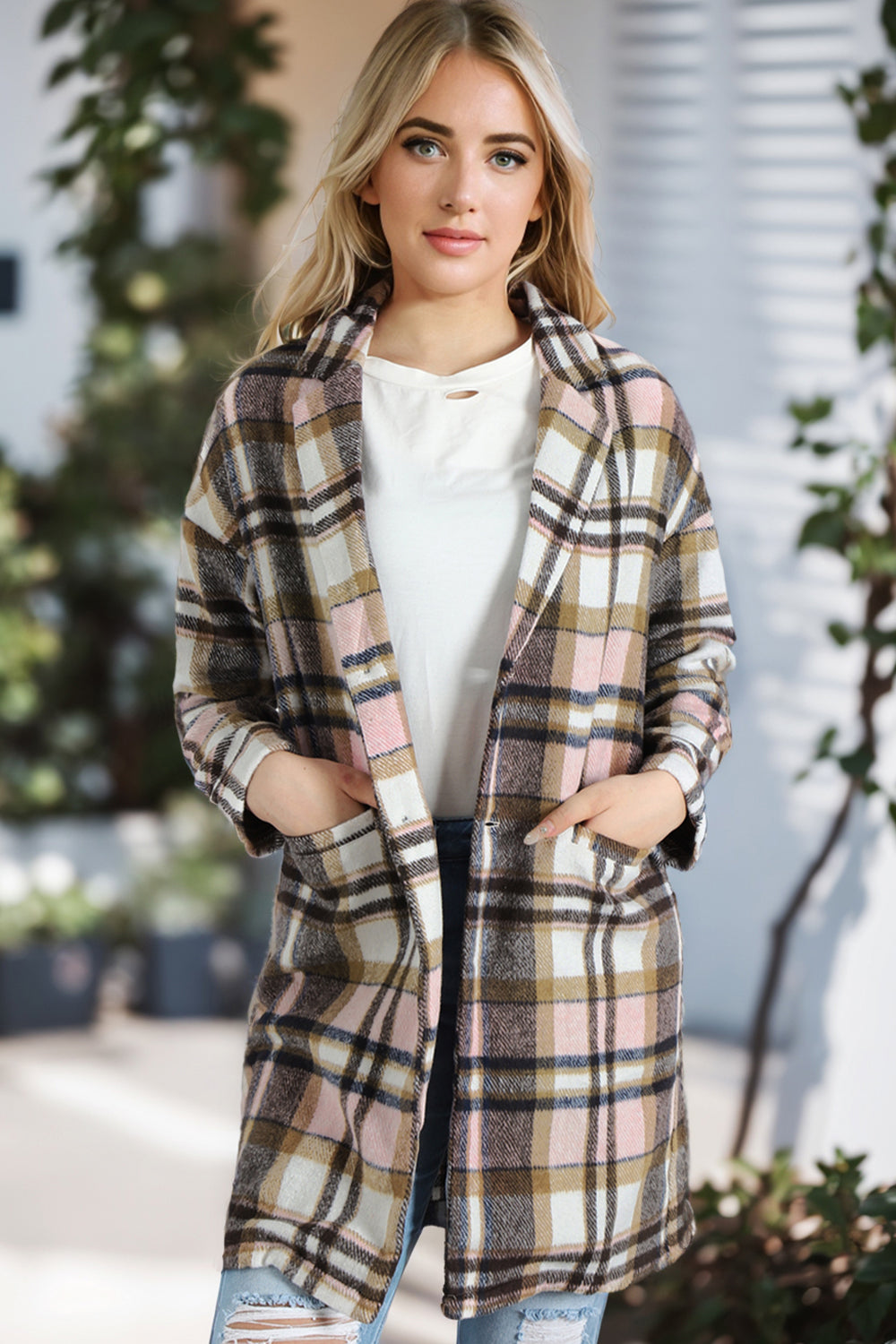 Plaid Longline Jacket with Pockets