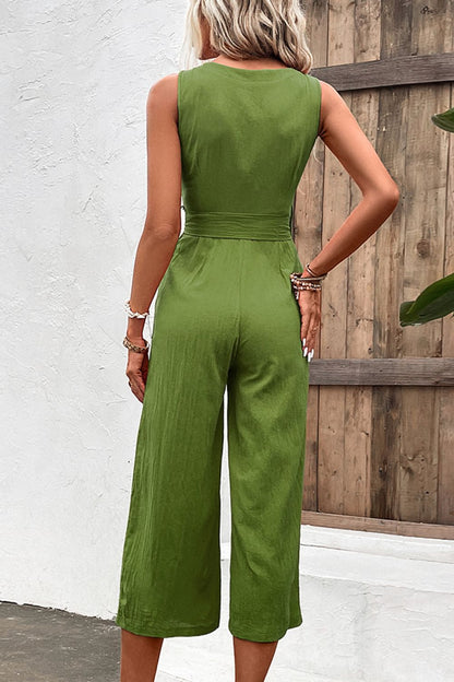 Shiny Tie Belt Sleeveless Jumpsuit with Pockets