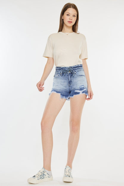 Kancan High Rise Frayed Hem Denim Shorts