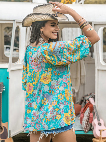 Printed Tie Neck Half Sleeve Blouse - Shimmervee