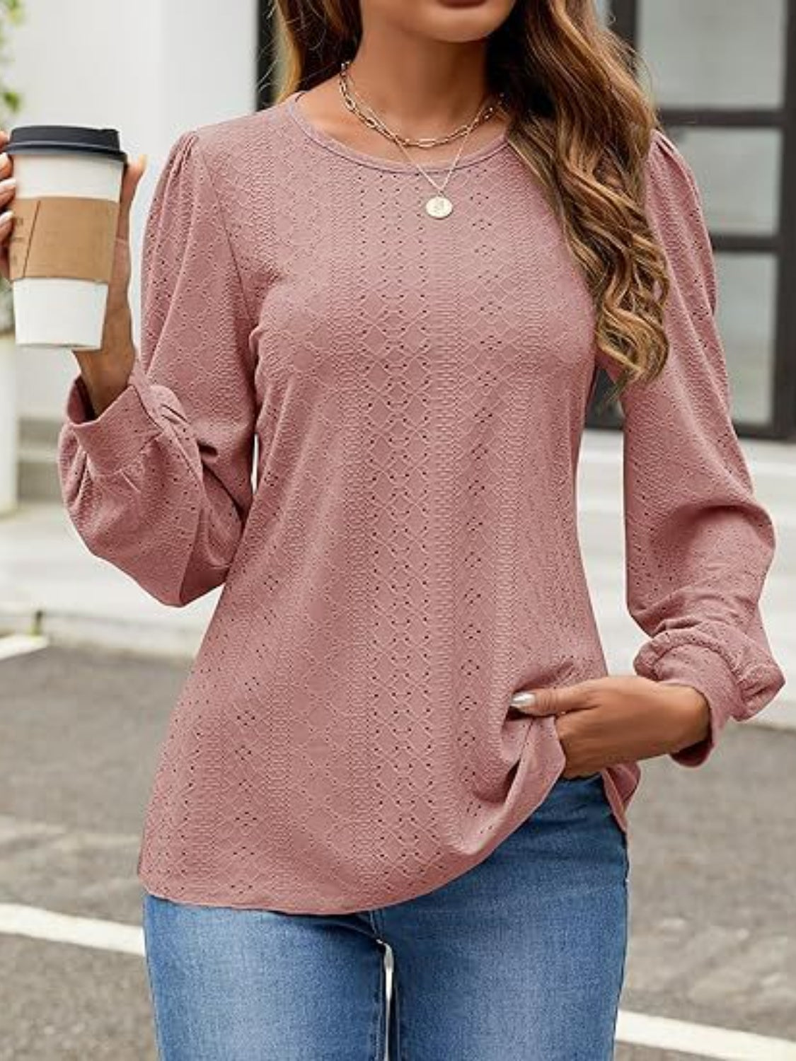 Eyelet Round Neck Long Sleeve Top - Shimmervee