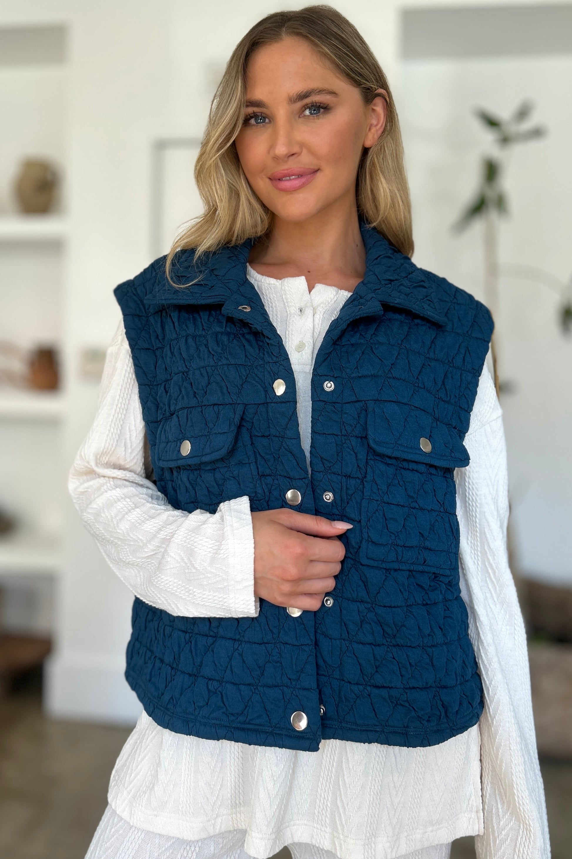 Double Take Full Size Pocketed Texture Snap Down Vest Coat - Shimmervee