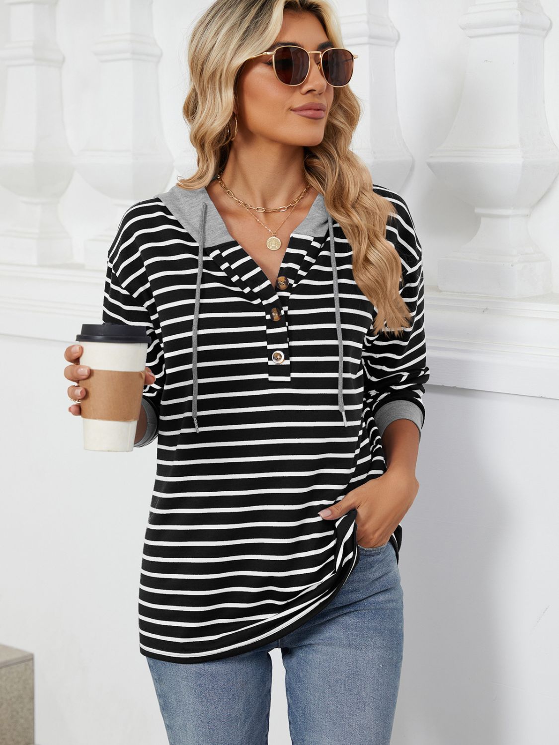 Drawstring Striped Long Sleeve Hoodie - Shimmervee