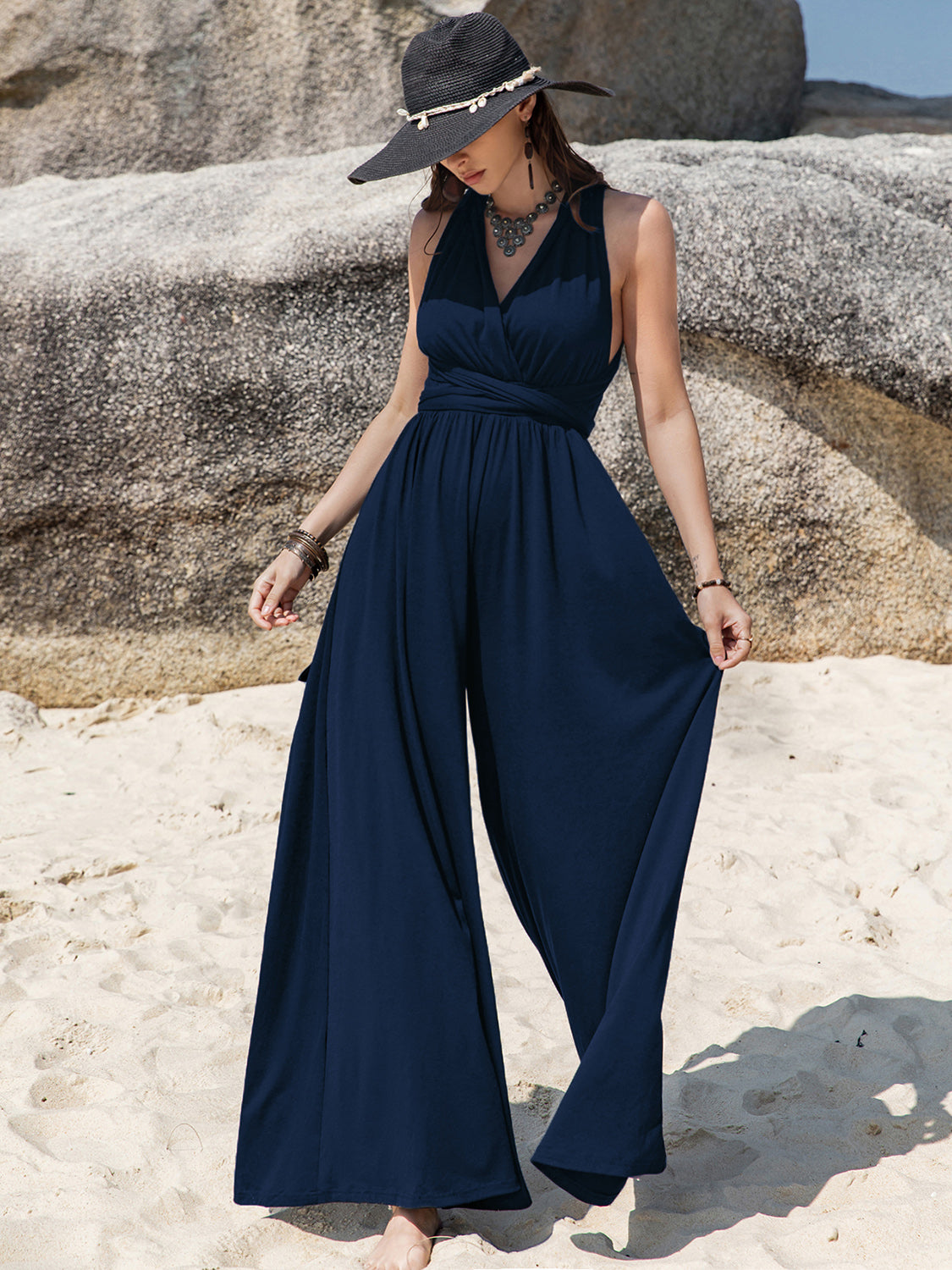 Surplice Wide Leg Jumpsuit with Free Tie - Shimmervee