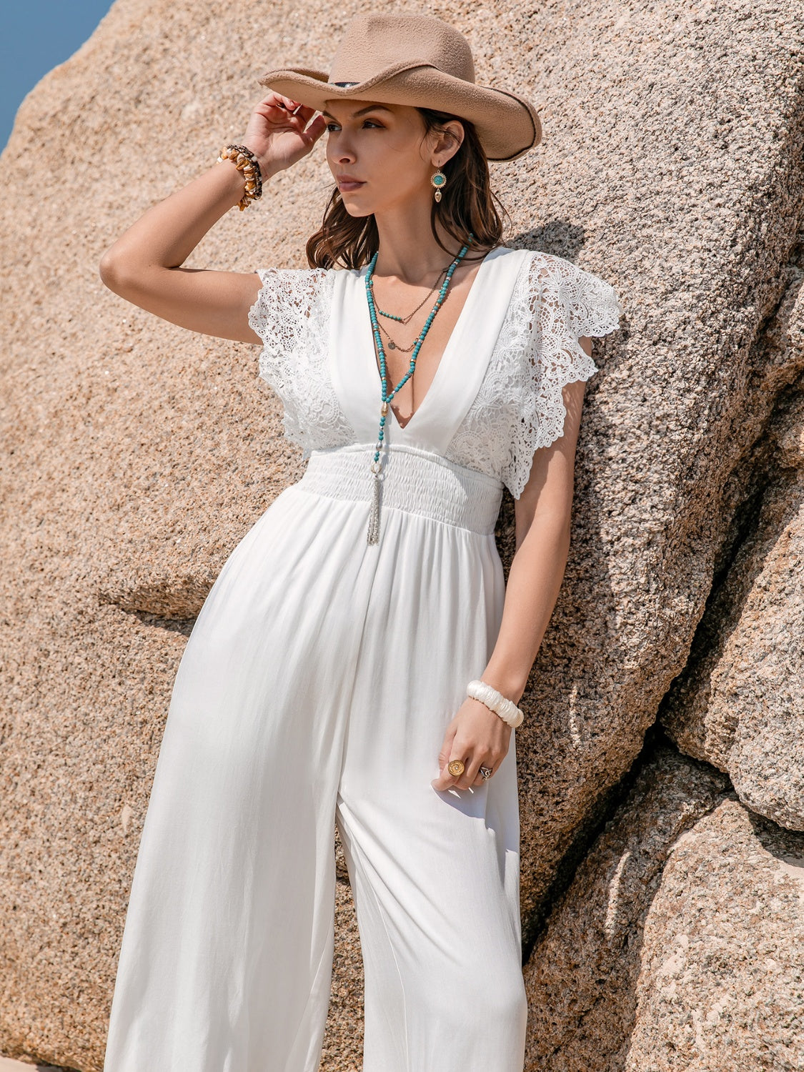 Lace Detail Plunge Cap Sleeve Jumpsuit - Shimmervee