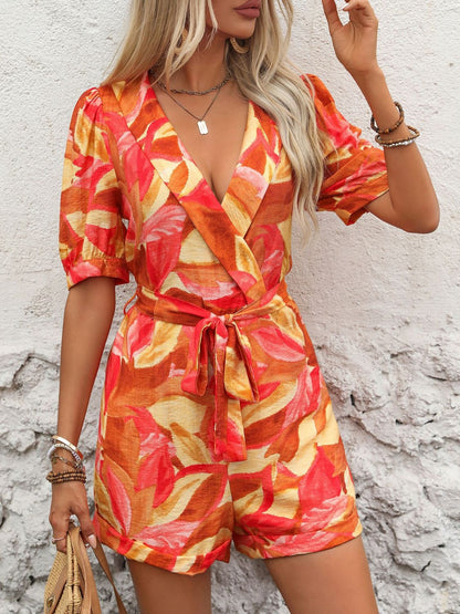 Perfee Printed Surplice Half Sleeve Romper