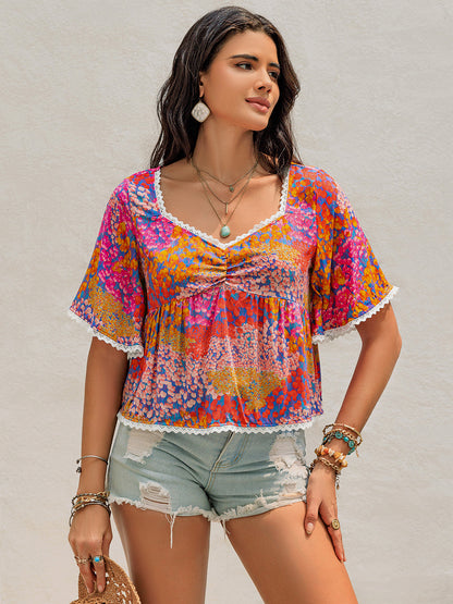 Ruched Printed Half Sleeve Blouse - Shimmervee