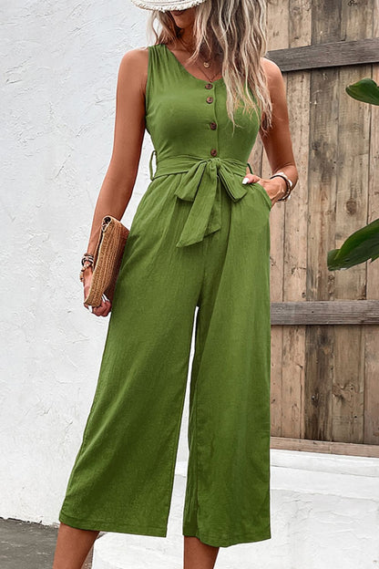 Shiny Tie Belt Sleeveless Jumpsuit with Pockets