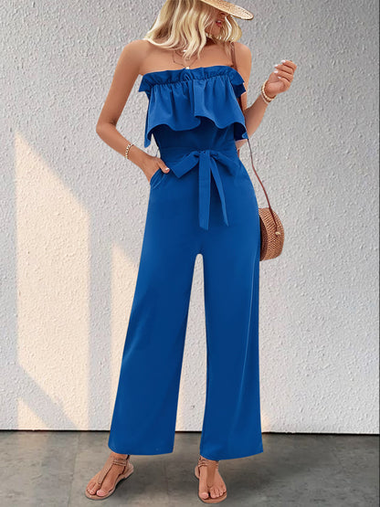 Perfee Ruffled Tie Waist Tube Jumpsuit