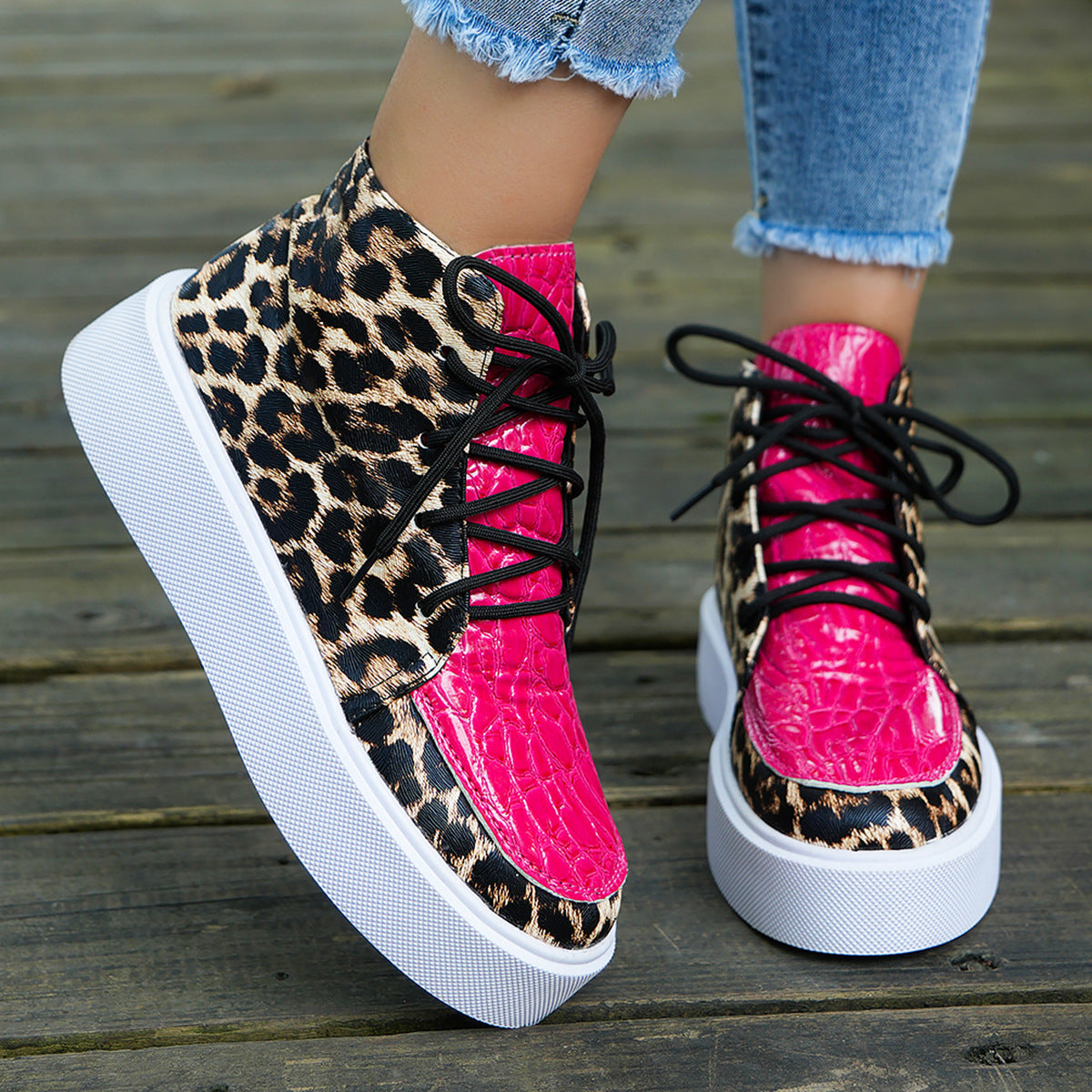 PU Leather Leopard Platform Sneakers - Shimmervee