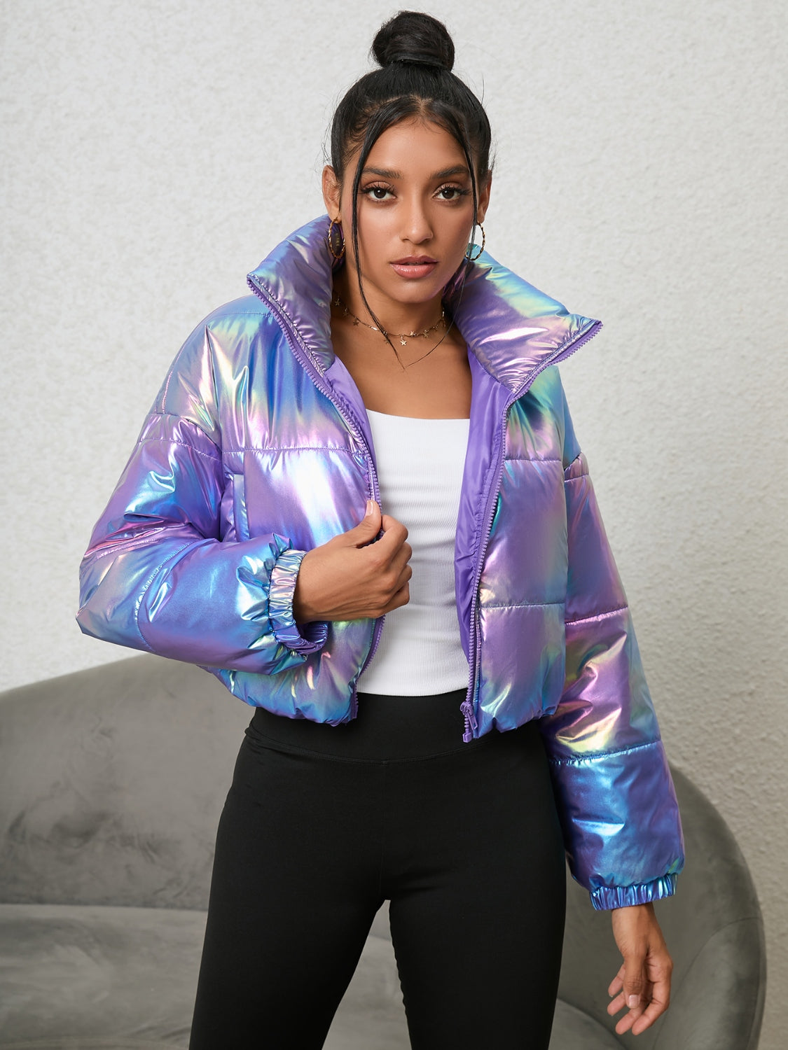 Gradient Zip-Up Collared Puffer Jacket - Shimmervee