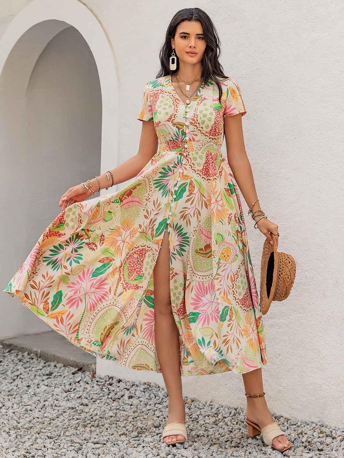 Printed V-Neck Short Sleeve Midi Dress - Shimmervee