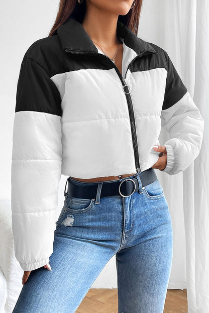 Collared Neck Color Block Puffer Jacket - Shimmervee