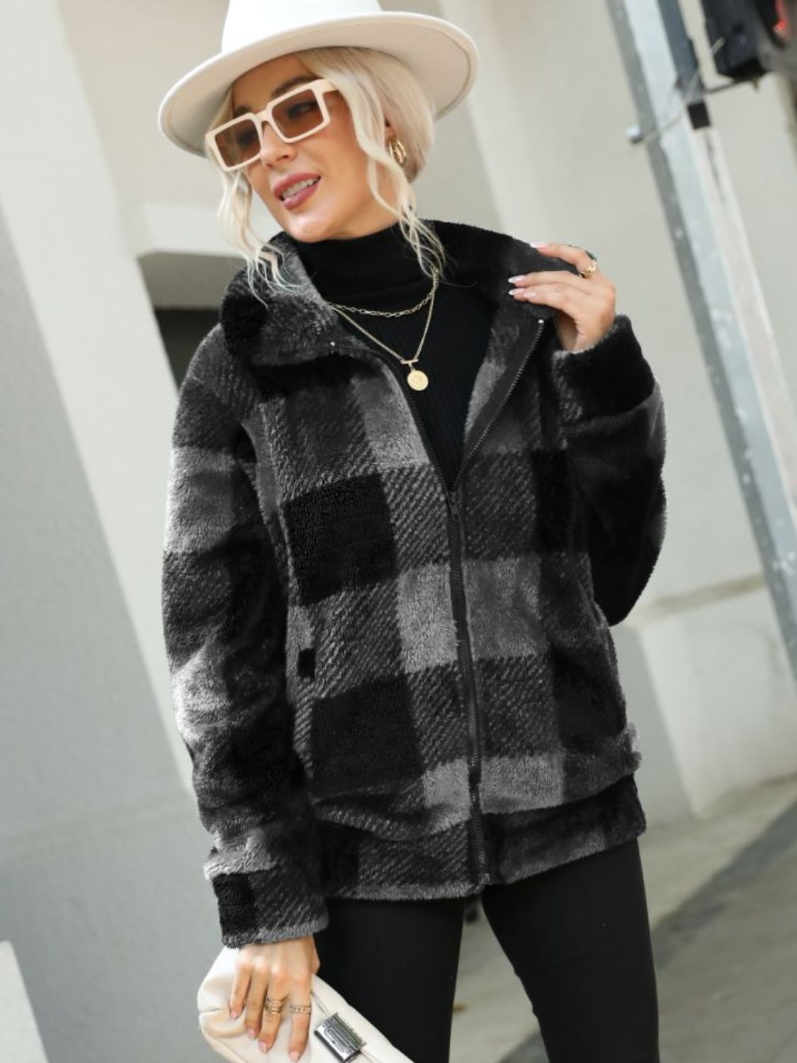 Plaid Zip-Up Collared Jacket