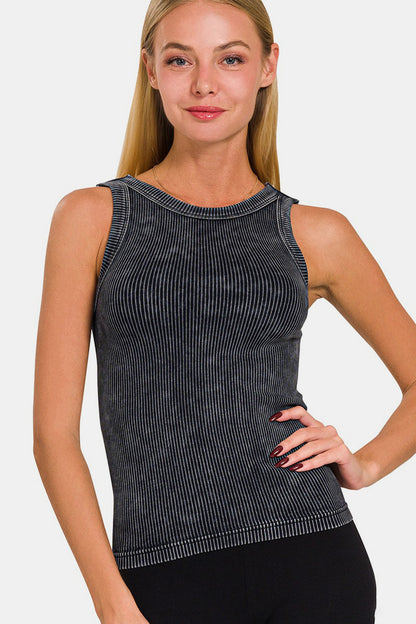 Zenana 2 Way Neckline Washed Ribbed Cropped Tank - Shimmervee