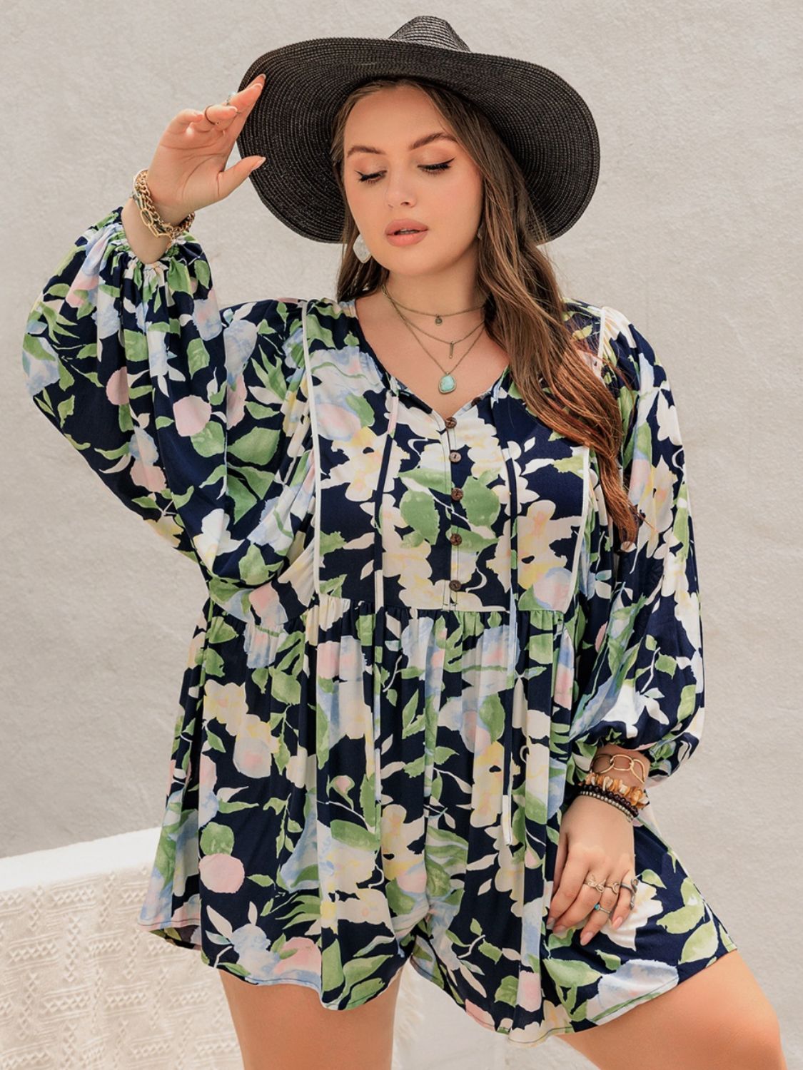 Plus Size Tied Printed Long Sleeve Romper - Shimmervee