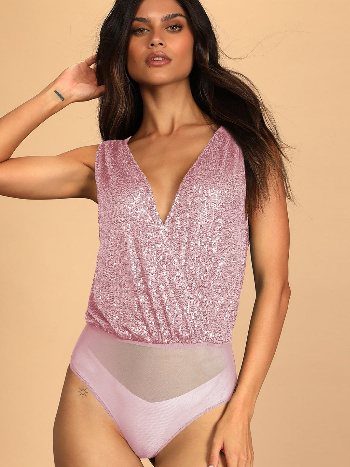 Sequin Surplice Sleeveless Bodysuit - Shimmervee