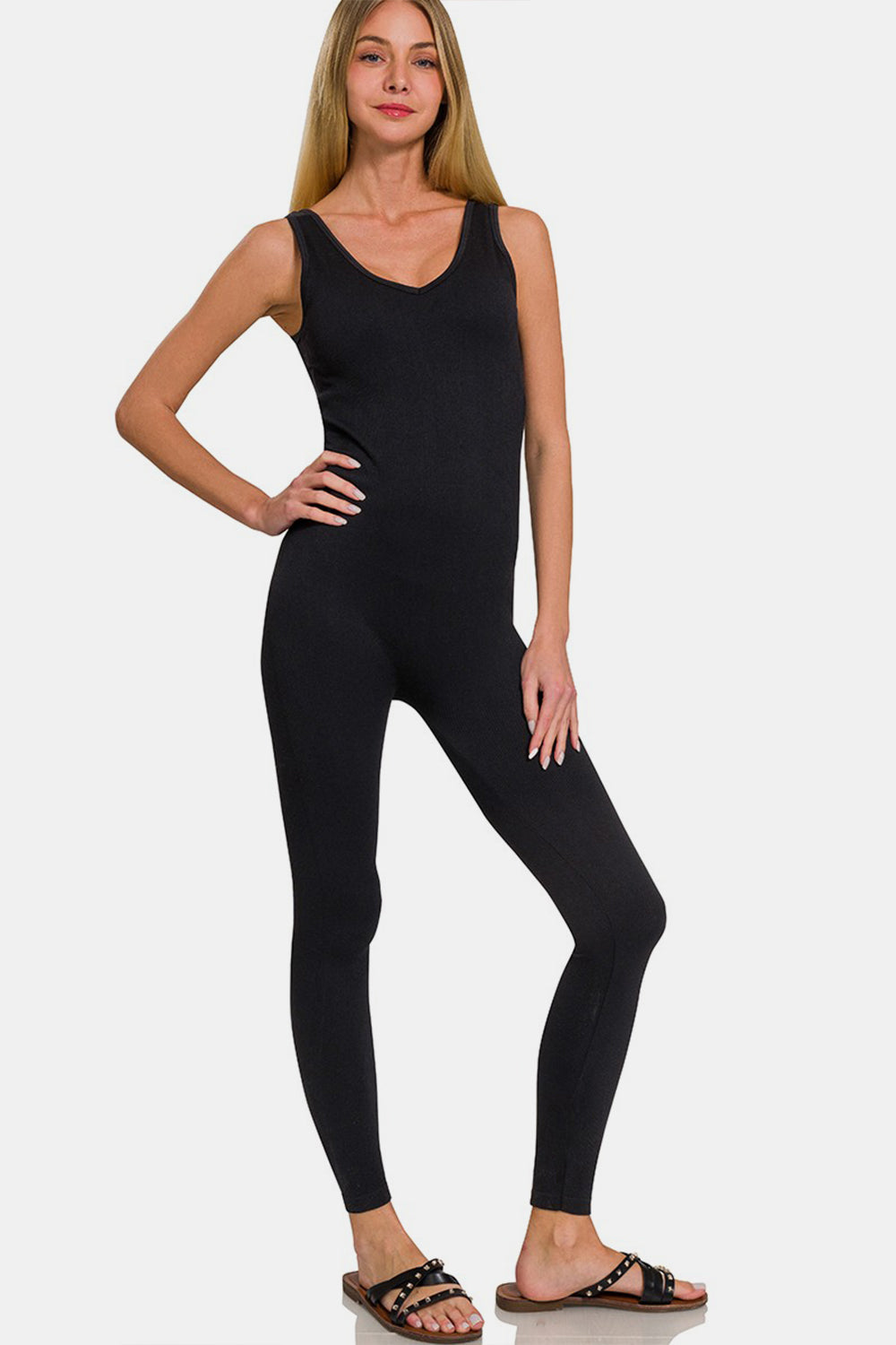 Zenana Ribbed Bra Padded Sports Seamless Jumpsuit - Shimmervee