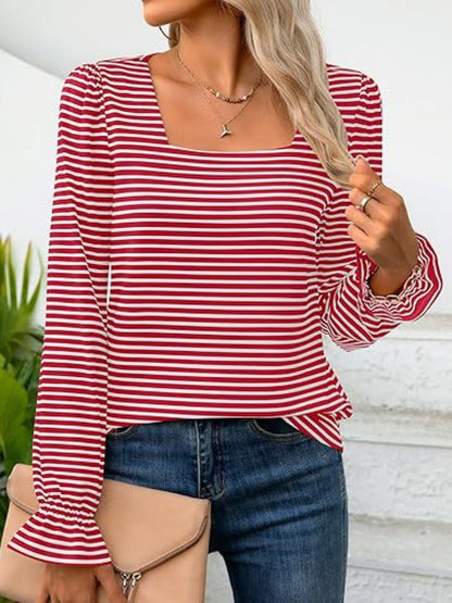 Striped Square Neck Flounce Sleeve Top - Shimmervee