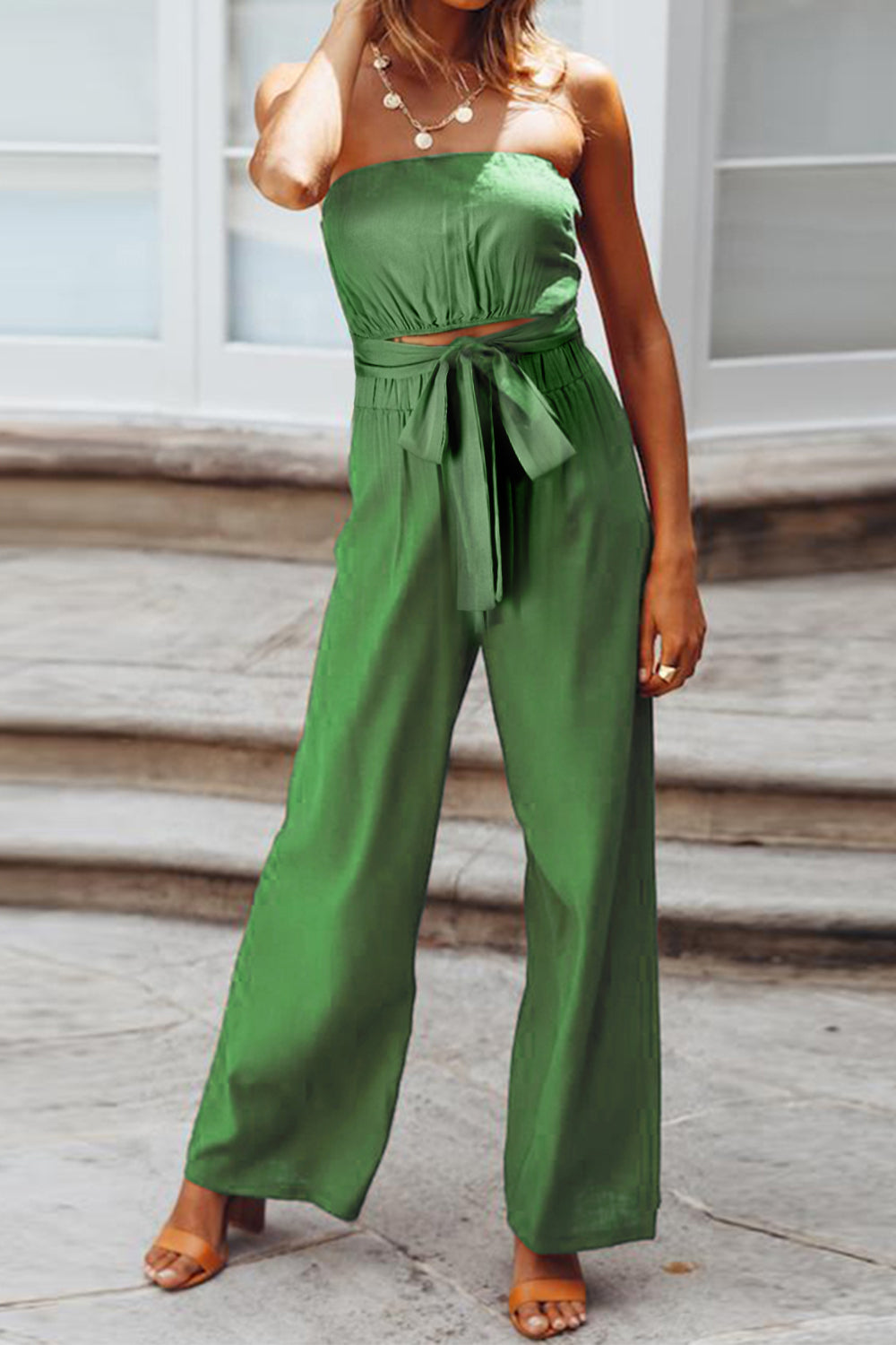 Tied Cutout Tube Wide Leg Jumpsuit - Shimmervee